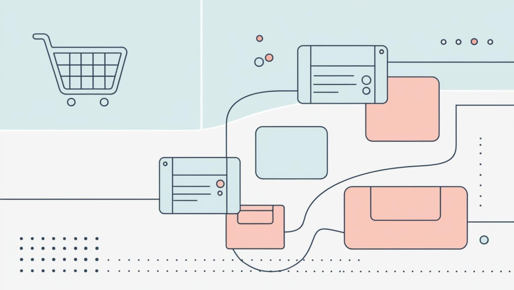 ECサイトのデータフィード最適化をテーマにした、フラットデザインのイラスト。シンプルな線画で描かれたショッピングカートのアイコンと商品を表す四角形、データの流れを表す波線、データポイントを表す丸い点などが、白い背景の上に配置されています。ライトブルーを基調とし、アクセントにソフトコーラル色を使用した明るく親しみやすいデザインです。現代的なウェブサイトでよく見かけるようなミニマルなイラストレーションスタイルで、ECサイトの最適化や連携をビジュアル的に表現しています。