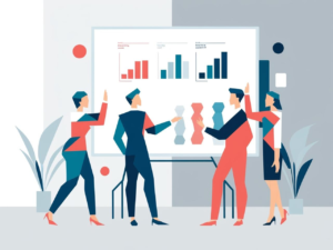 この画像は、ビジネスミーティングやプレゼンテーションの場面を表現したモダンなイラストです。 大きな白いボードの前に4人のビジネスパーソンが立っており、ボード上には3つの異なる成長を示す棒グラフが表示されています。グラフは赤、ターコイズ、ネイビーブルーの色調で描かれています。 人物たちは、シンプルで幾何学的なスタイルで描かれており、青とサーモンピンクを基調とした配色で表現されています。彼らは活発に議論や意見交換をしているように見え、手を上げたり、何かを指し示したりするなど、積極的な姿勢が描かれています。 室内には観葉植物が配置され、全体的に清潔で現代的なオフィス空間を演出しています。イラストのスタイルはミニマルでフラットデザインを採用しており、ビジネスシーンにおけるチームワークやデータ分析、成長についての議論を表現しています。