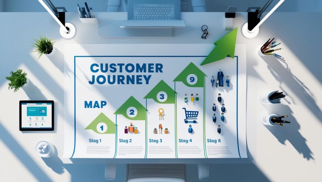 上面図のプロフェッショナルなビジネスデスク。中央にはカスタマージャーニーマップが描かれた大きな紙が広げられ、その上に小さなECサイトのショッピングカート、製品アイコン、人物アイコンなどのミニチュアが配置されている。ジャーニーマップは左から右に段階的に進み、緑色の上昇する矢印が売上の向上を示している。背景には曖昧なノートパソコンの画面にECサイトが表示されている。全体的に明るく清潔な青と白のビジネスカラー。鮮明で高品質、プロフェッショナルな写真のような仕上がり。